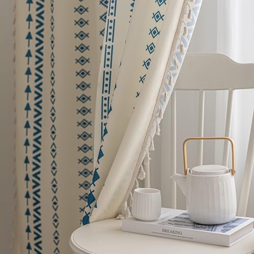 Image of Blue Geometric Curtains 96 Inches Long, Boho Farmhouse Light Filtering Rod Pocket Drapes with Tassel Trim for Bedroom Living Room, 2 Panels