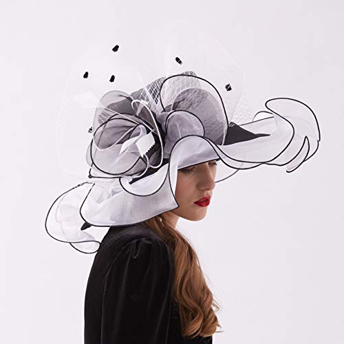 Go Mai Women Kentucky Derby Hat Organza Hats Two Wear Ways,Hat Flower Can Be Used As a Headwear, Black White, One Size