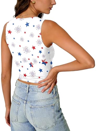 Women's 4th of July Patriotic Crop Top, American Flag Tank Tee, USA Theme Slim Fit Shirt (US, Alpha, Small, Regular, Regular, White) — view 4