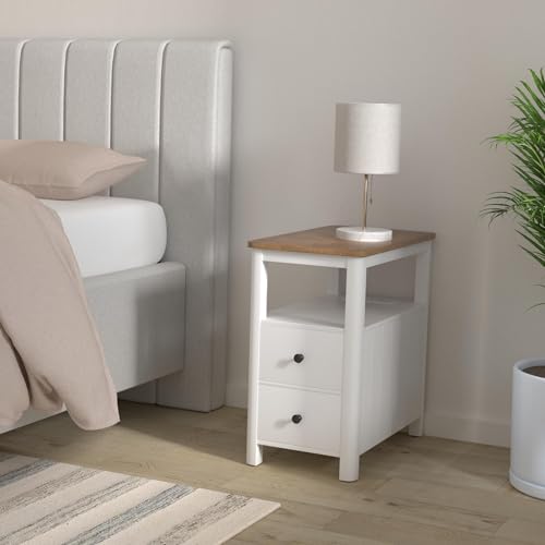 VASAGLE Side Table with Charging Station, Narrow Nightstand with 2 Drawers, Living Room End Table with Storage, for Small Spaces, Coastal Style, Rustic Walnut and Classic White ULET322T14 - Image 2