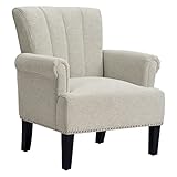 Accent Chair with Rivet Tufted Scroll Arm, Tufted Polyester Upholstery, Wood Legs, Cream for Bedroom
