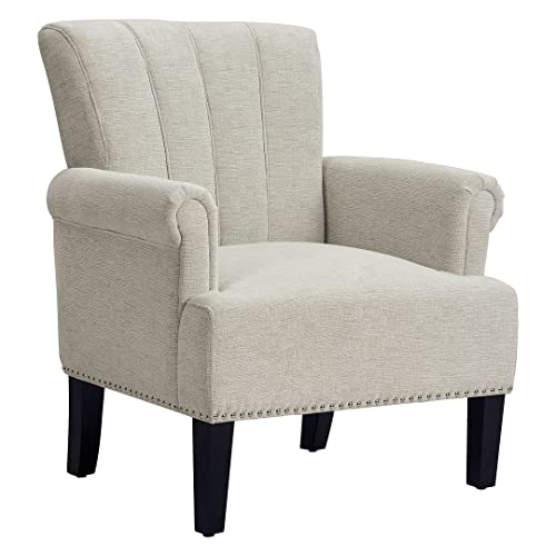 Accent Chair With Rivet Tufted Scroll Arm, Tufted Polyester Upholstery, Wood Legs, Cream For Bedroom And Living Room #TOP4