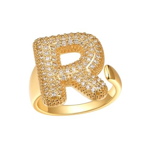 FindChic Initial Ring for Women, Gold Plated Chunky Letter Rings Open Adjustable Trendy Sparkling Cubic Zirconia Personalized Statement Rings Jewelry Gift Letter-R