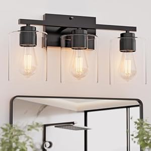 Honesorn Bathroom Vanity Light, 3 Light Fixtures, Matte Black With Clear Glass Shade, Modern Over Mirror, E26 Base