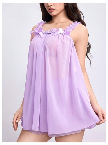 Image of MakeMeChic Women's 2 Piece Lingerie Mesh Cute Valentine Pajama Set Ruffle Bow See Through Vintage Nightgown Sleepwear