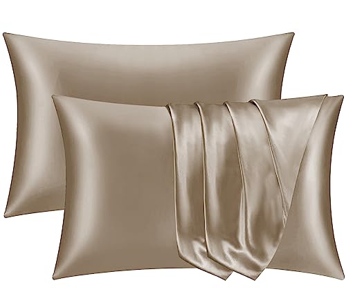 Pamposh Satin Silk Pillowcases For Hair And Skin 2 Pack Standard Size with Envelope Closure (2 Pcs Pillowcases (50 x 75 cm), Khaki)