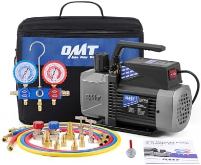 Orion Motor Tech AC Vacuum Pump and Gauge Set, 3.5 cfm Sparkless Ignition Proof Vacuum Pump, Auto AC 3 Way Manifold Gauge Kit with Quick Couplers Can Taps Hoses for R1234yf R32 R134a R22 R410A Systems
