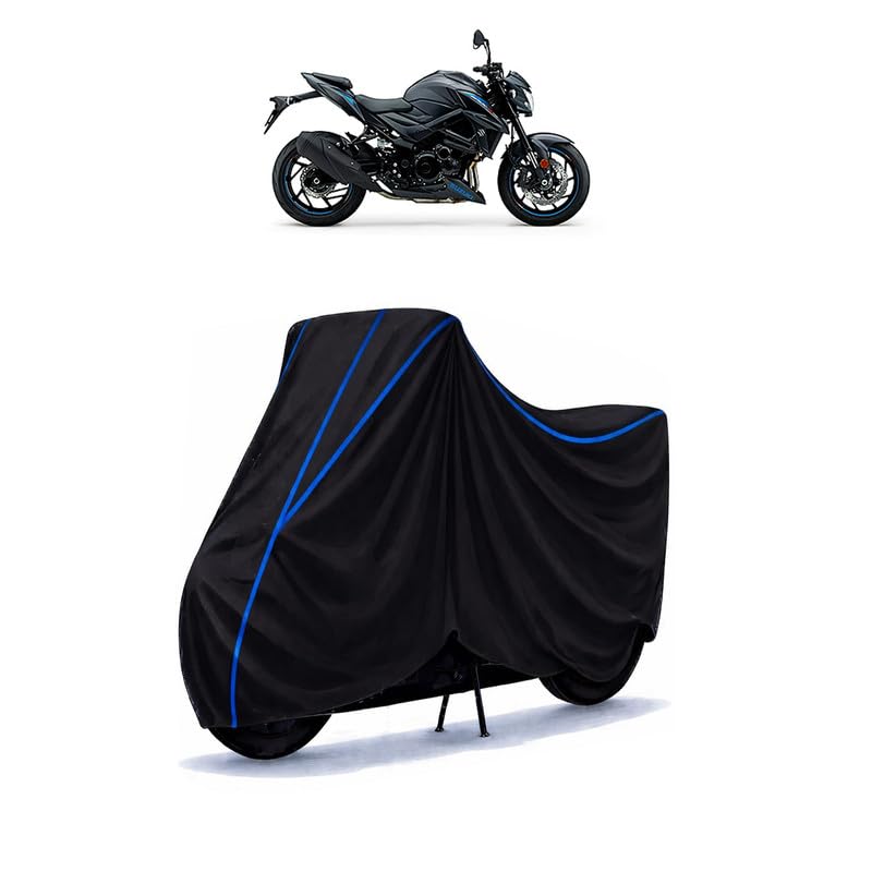 Image of Suzuki GSX S750 Bike Cover Water Resistant Universal Motorcycle Rain | Heavy Duty UV Protection, Dust, Scratch Indoor Outdoor All Weather with Black Blue Piping Elastic