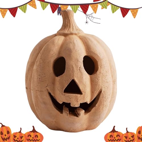 Handmade Terracotta Pumpkin Jack O' Lantern Outdoor Indoor, Halloween Fall Terracotta Pumpkin Lantern Ornament | Halloween Autumn Farmhouse Table Festival Decoration for Home Porch Mantel Room Decor