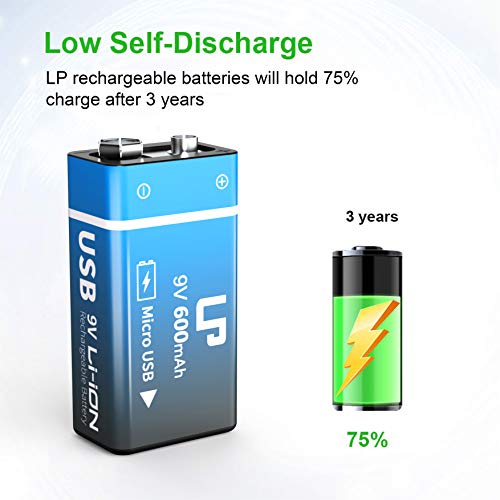 Lp 9V Rechargeable Battery Pack, 2-Pack 600Mah Li-Ion 9 Volt Usb Battery With Micro Usb Charging Port For Alarms, Wireless Microphones, Smoke Detectors, Toys, Flashlights, Guitar, Keyboard & More #TOP4