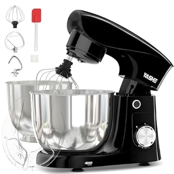 YASHE Impastatrice Planetaria 1500W, 2 Ciotole in Acciaio Inox 4,5L + 5L, 10+P Velocità, Testa Inclinabile, con Gancio Impastatore, Frusta e Sbattitore, Nero