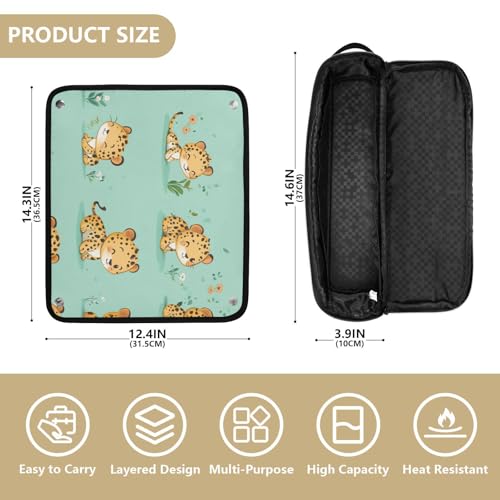 Bolso de Viaje para Planchas de Pelo y Rizadores, con Alfombra Térmica, Capacidad Amplia, Diseño con Leopardo Feliz y Verde Salvia miniatura 4