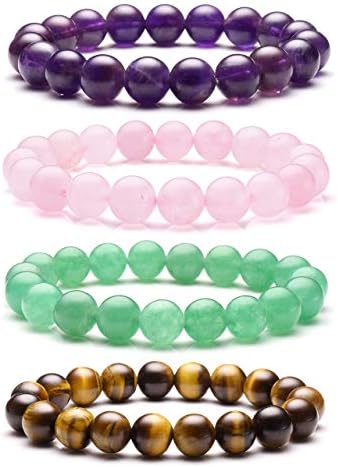 Top Plaza Natural Stone Beads Bracelets Semi Precious Gemstones Healing Crystal Stretch Beaded Bracelet(Amethyst/Tiger Eye Stone/Green Aventurine/Rose Quartz)