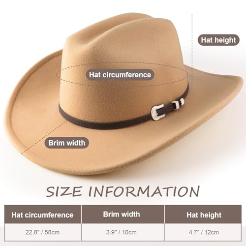 Image of DRESHOW Cowboy Hat for Women and Men Classic Felt Western Hat for Cowboys Cowgirls Wide Brim Belt Buckle Retro Fedora Hats
