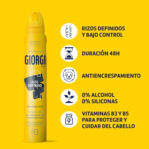 Giorgi Line Espuma Rizo Definido para Controlar y Definir los Rizos más Rebeldes, Anti Encrespamiento y Máxima Hidratación, 0% Alcohol 0% Siliconas, Apta para el Método Curly, Fijación 6 - 250 ml - imagen 3