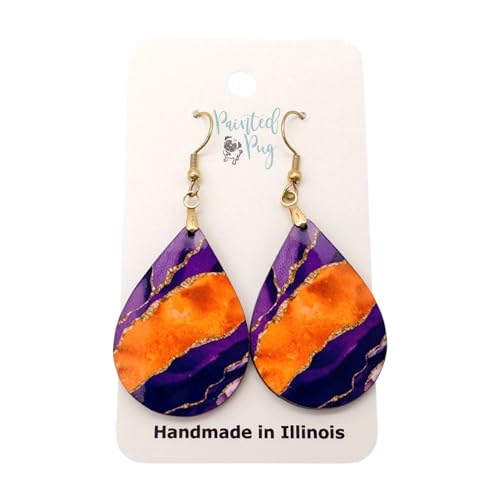 Purple Orange Earrings for Women Dangle Teardrop Gift for Mom Grandma Gameday Accessories Handmade from The Painted Pug Double Side Image (Lg Purple Orange Teardrop)