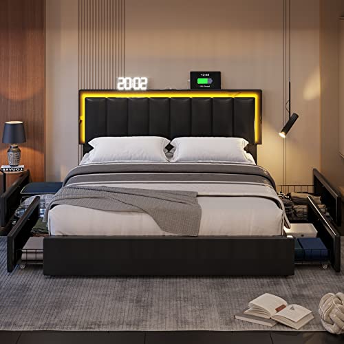 Hasuit Queen Size Bed Frame With Headboard, 4 Storage Drawers, Led Light Usb And Type-C Ports Upholstered Queen Platform Bed Mattress Foundation With Wooden Slats Support, No Box Spring Needed #TOP5