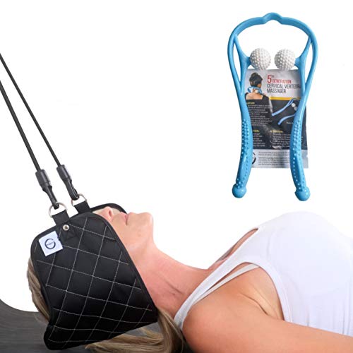 Portable Head Hammock for Neck & Shoulder Pain Relief with Bonus Pressure Point Massager - Cervical Traction and Stretcher Device + Self Massager | Office Workers, Drivers, computer/smart phone users