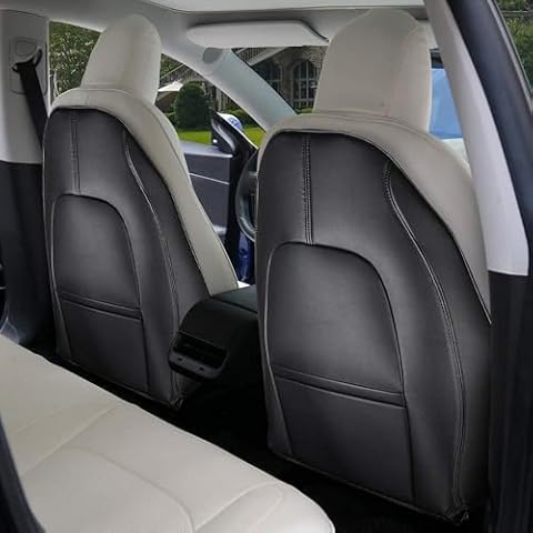 BASENOR 2025 Upgraded Tesla Model 3/Y/S/X Leather Seat Back Kick Protector, Backseat Mats for Kids - Extra Organizer Pocket, Waterproof Scratchproof Resistant Protection Black (Set of 2) Cover