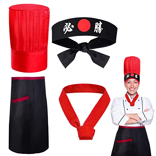 Chapeau Hibachi Teppanyaki costume de chef japonais avec tablier rouge et bandeau de tête