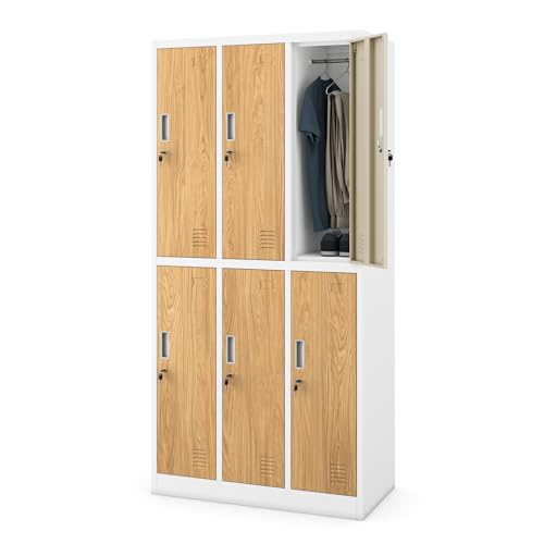 Jan Nowak Taquilla Vestuario metálica 6 Puertas con Cerradura, taquilla Laboral para empleados con Barra para Ropa y ventilación 90 x 185 x 45 cm Blanco Roble Dorado