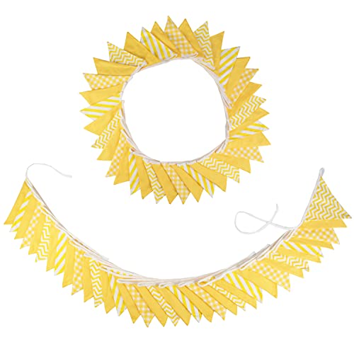 Image of Zwiebeco 32Ft Yellow White Plaid Stripe Wavy Fabric Bunting Banner Triangle Flags Cotton Garland Pennant for Birthday Wedding Baby Shower Tea Party Classroom Nursery Home Outdoor Garden Decorations