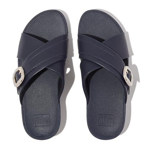 Image of FitFlop Lulu Crystal-Buckle Leather Cross Slides