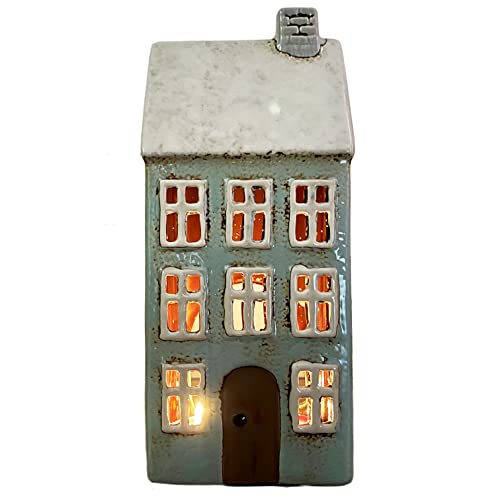 Tall Blue House Tea Light Holder Village Pottery Ceramic Cottage Candle Ornament
