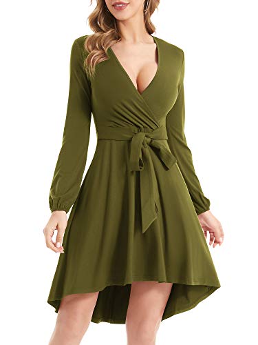 MSBASIC Holiday Wrap Dress Casual Fit and Flare High Low Date Night Dress Green L