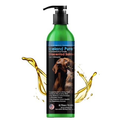 Iceland Pure Salmon Oil | Unscented Pharmaceutical Grade | 1118mg of Omega-3 per teaspoon | Liquid Food Supplement For Dogs and Cats | BPA-Free Brushed Aluminum Epoxy coated Bottle with Pump 8.75oz