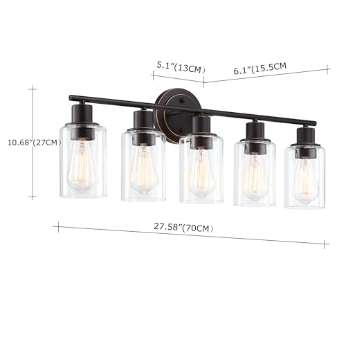 Image of 5-Light Oil Rubbed Bronze Bathroom Vanity Light Over Mirror, Oil Rubbed Bronze 5-Bulb Wall Sconce Above Kitchen Sink, Brown Wall Sconce for Bathroom Vanity