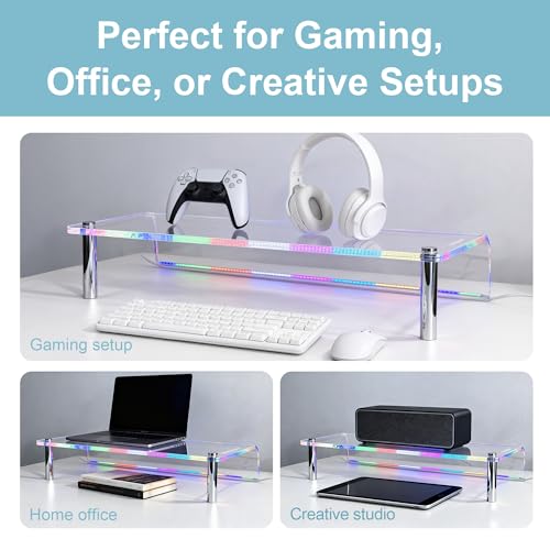 Image of 0.39 inch Extra Thick Acrylic Monitor Stand Riser, Clear | 23.6 inch x 9.1 inch x 3.5 inch Acrylic Desk Shelf with RGB Lighting & Dual Control-App & Button Control,for Office Desktop Organizer
