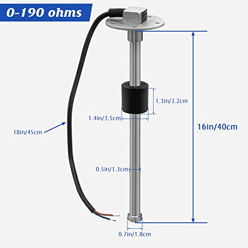 0-190Ohms 16"(400Mm) Fuel Sending Unit, Marine Fuel Sending Unit, Boat Fuel Tank Sender Stainless Steel Fuel Gauge Sending Unit Gas Sensor For Boat Car Truck Vehicle #TOP1