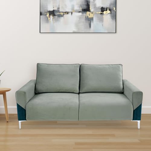 Nilkamal Boston 3-Seater Sofa | Plush Fabric and Leatherette Upholstery| Sleek Chrome Silver Legs | 1 Year Warranty |Grey & Blue