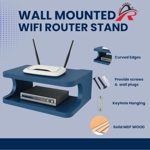 Image of Wall Shelf for WiFi Router & Set Top Box MDF Floating Wall Mount Shelf for Living Room Bedroom Office | Cable Management Organizer Rack for Modem DTH Gaming Console Storage | Blue