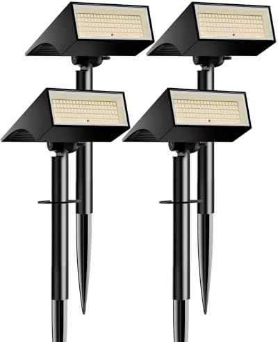 Koicaxy Solar Spot Lights Outdoor Waterproof 4 Pack IP65, 100 LEDs 4 Lighting Modes, High Efficiency Monocrystalline Silicon, Auto On/Off Solar Landscape Spotlights for Garden Yard Pathway, Warm White
