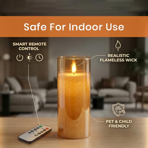 Image of LTETTES Real Wax Led Candle with Glass Cup | Flameless Flickering Wick | Amber Glass Finish | Battery Operated with Remote Controller | Decorative Candle for Home, Festival & Gifting | D-3 inch x H-7 inch