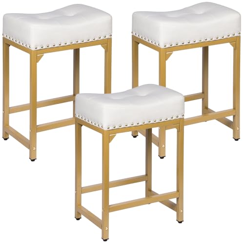 Image of White & Gold Counter Height Bar Stools Set of 3, 24 inch Bar Stools for Kitchen Island, Modern Counter Stool Set of 3 Backless Saddle Barstools for Kitchen Dining Room White Gold