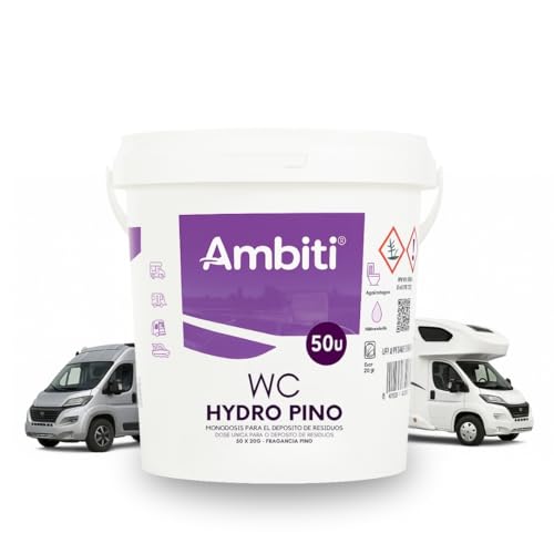 Ambiti | WC Hydro | Monodosis Hidrosolubles para Depósito de Residuos de Autocaravanas,Caravanas y Campers| Antibacteriano| Elimina Deshechos Orgánicos y Papel Higiénico| Fragancia Pino| 50ud