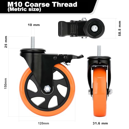 Schwere Lasten Drehrollen 125mm PVC Rollräder mit Stange M10x25mm, Doppelsperrung, Industrie-Rollräder mit Sicherheitsmerkmalen, Tragkraft 680kg, Rollräder-Set von 4 für Trolleys und Möbel