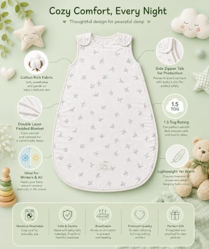 Image of TuddyBuddy Baby Cotton Wearable Quilted Sleeping Bag Blanket 1.5 Tog with 1 Way Zipper Closure | Ideal for Babies & Kids Hypoallergenic Fabrics | (Grey Birds AOP - White, 2-3 Years)