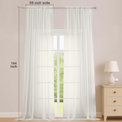 Image of OWENIE Extra Long Ivory Sheer Curtains 144 inch 2 Panels Set, Translucent Backdrop Window Scarf Drapes for Canopy Bed /Wedding /Living Room /Anniversary, 12FT Length, Each 59Wx144L in, 2PCS, Ivory