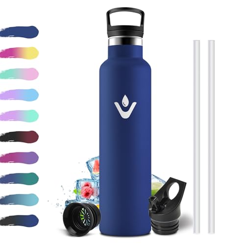 Trinkflasche Edelstahl 1 Liter, Thermosflasche mit Strohhalm, Thermoskanne Auslaufsicher, BPA-Frei, Einhandöffnung, Kohlensäure Geeignet, Wasserflasche für Sport, Laufen, Fahrrad, Sprudel, Yoga
