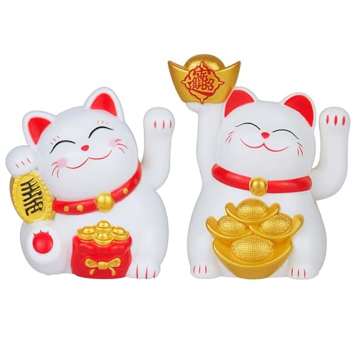 XSQD 2 Pieces Mini 2-Inch Lucky Cats, Solar Energy Yuanbao Lucky Cat Waving Arm, Waving Cats Receive Blessings And Gather Wealth, Suitable For Car, Front Desk, Office, Living Room, Decoration