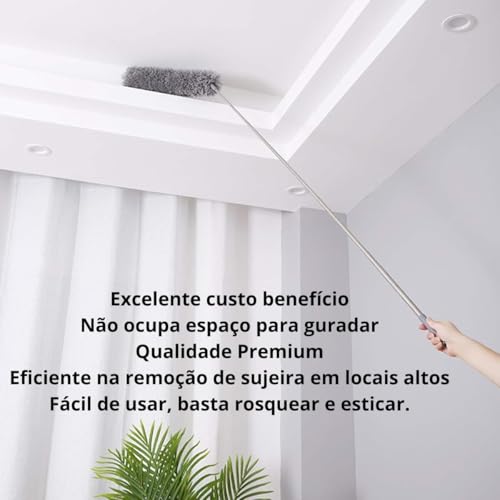 Espanador de Microfibra com Cabo Ajustável, Alcança Até 2,80m, Limpeza de Áreas Altas e Difíceis, fl