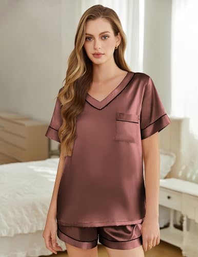 Image of Silk Pajamas for Women Short Sleeve Satin 2 Piece Pj Set Soft V Neck Sleepwear Loungewear, S-XXL