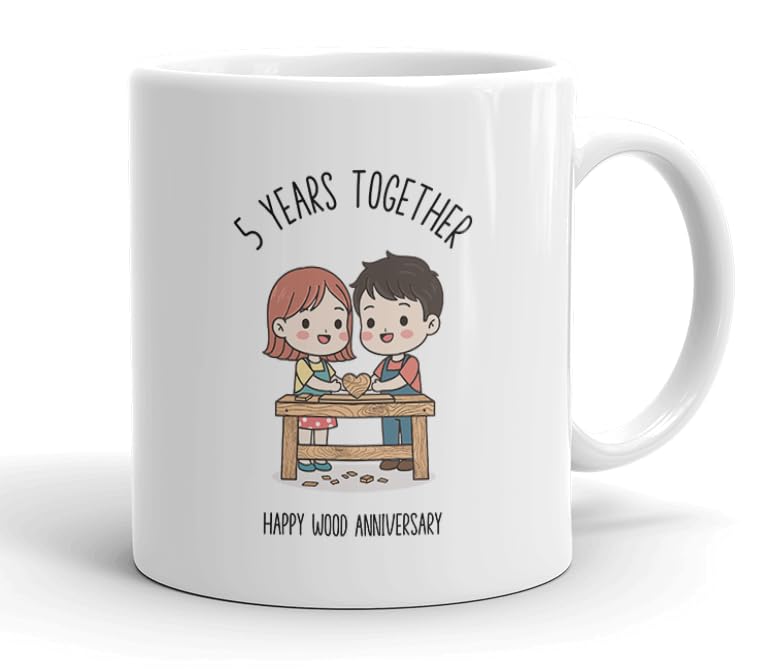 VIROSA 5 Years Wood Anniversary Mug – 11oz Ceramic Coffee Cup Gift for Husband, Wife, Couples – Fifth Wedding Anniversary Present Idea, Romantic Keepsake — image 1