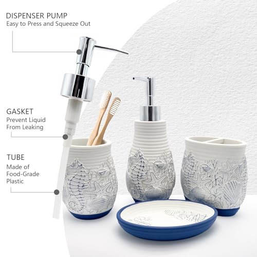 Beach Theme Bathroom Accessory Sets 4PCs Bathroom Set Complete Embossed Seashell Starfish Design Includes Lotion Dispenser Toothbrush Holder Tumbler Cup & Soal Dish - Image 5