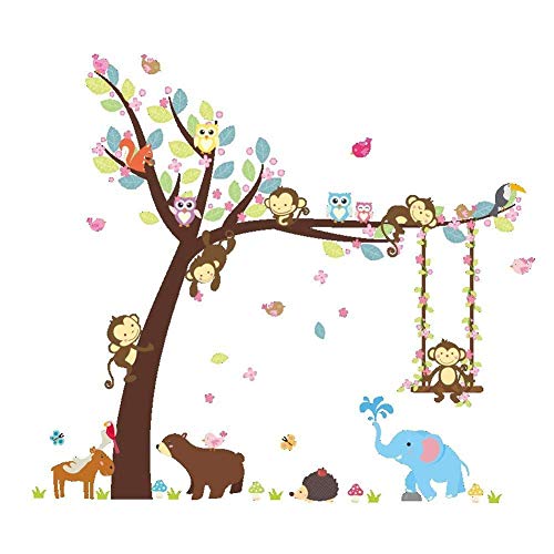 ElecMotive Cartoon Forest Animal Monkey Owls Hedgehog Tree Swing Nursery Stickers Murals DIY Posters Vinyl Removable Art Wall Decals for Kids Girls Room Decoration (Bear Elephant)