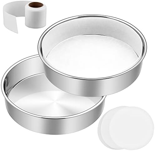 E-far 8 Inch Cake Pan Set of 2, Stainless Steel Round Layer Cake Baking Pans with Parchment Rounds & Side Liner Roll, Non-Toxic & Healthy Metal Cake Tin, Straight Side & Dishwasher Safe